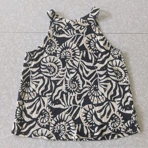 100% Linen Nicole Miller Sleeveless Patterned Blouse Black Cream Floral